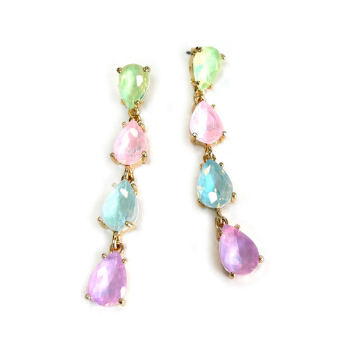 Pastel Glass Stone Teardrop 4 Link Iridescent Crystal Earrings
