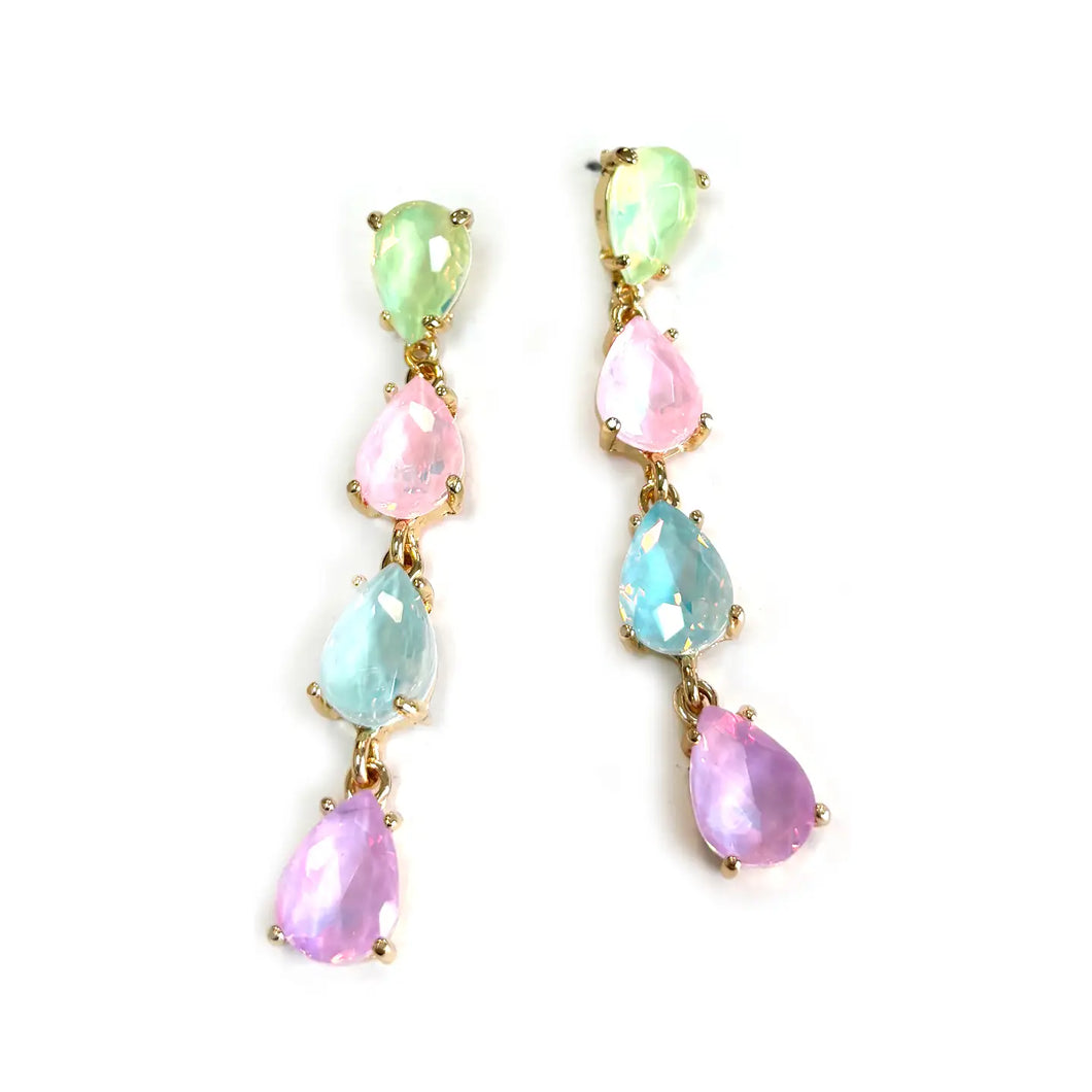 Pastel Glass Stone Teardrop 4 Link Iridescent Crystal Earrings
