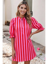 Striped Short Sleeve Pocket Short Dress -red pink