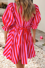 Striped Short Sleeve Pocket Short Dress -red pink