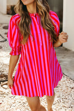 Striped Short Sleeve Pocket Short Dress -red pink