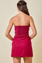 Crimson and white strapless dress scallop panels