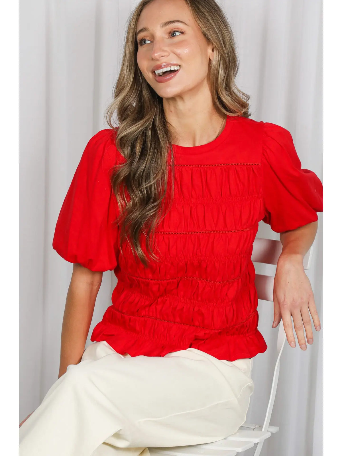 Red Smocked & Trim Accent top