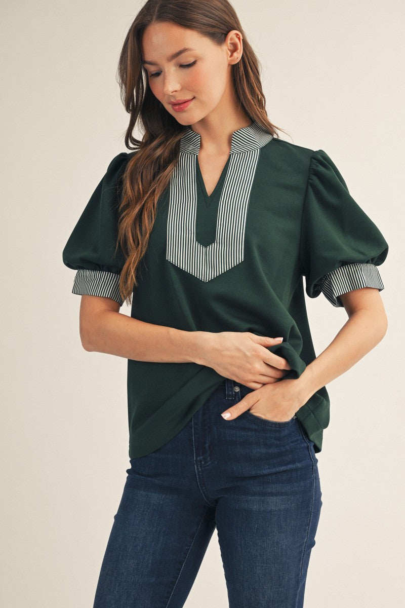 Hunter green Stripe Contrast Accent Solid Top