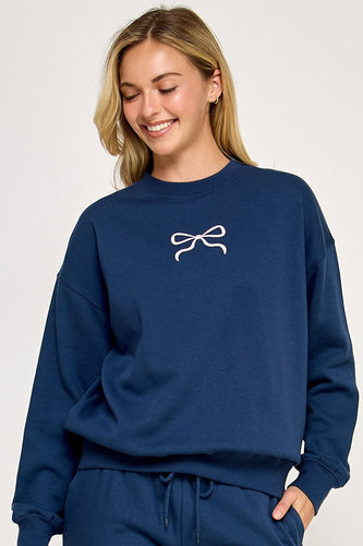 Navy fleece crew neck bow embroidered