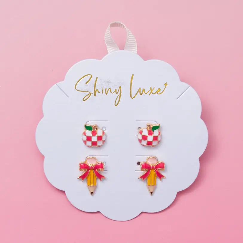 Pencil and Checkered Apple Post Earrings