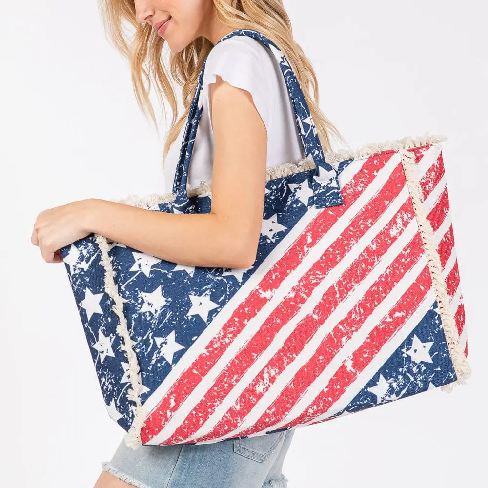 American Flag Pattern Fringe Tote Bag