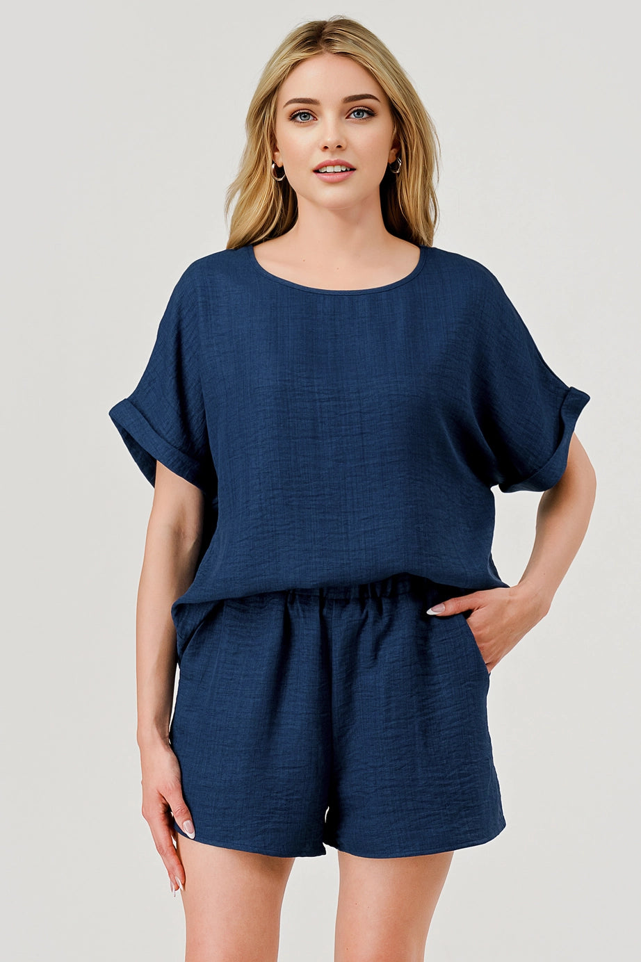 Kick-Off 2 Pc Game Day Top and Shorts Set Navy Linen Look