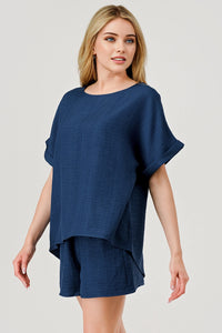 Kick-Off 2 Pc Game Day Top and Shorts Set Navy Linen Look