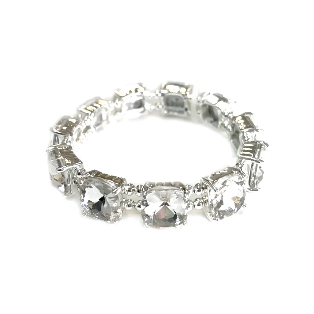 Silver Cushion Cut Glass Crystal Linked Stretch Bracelet