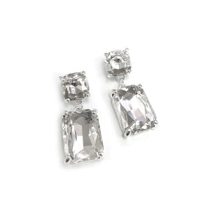 Silver Double Square Linked Crystal Glass Dangle Earrings
