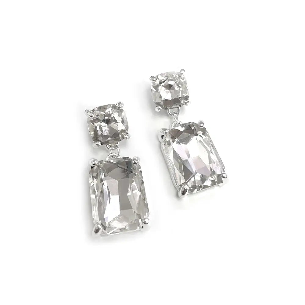 Silver Double Square Linked Crystal Glass Dangle Earrings