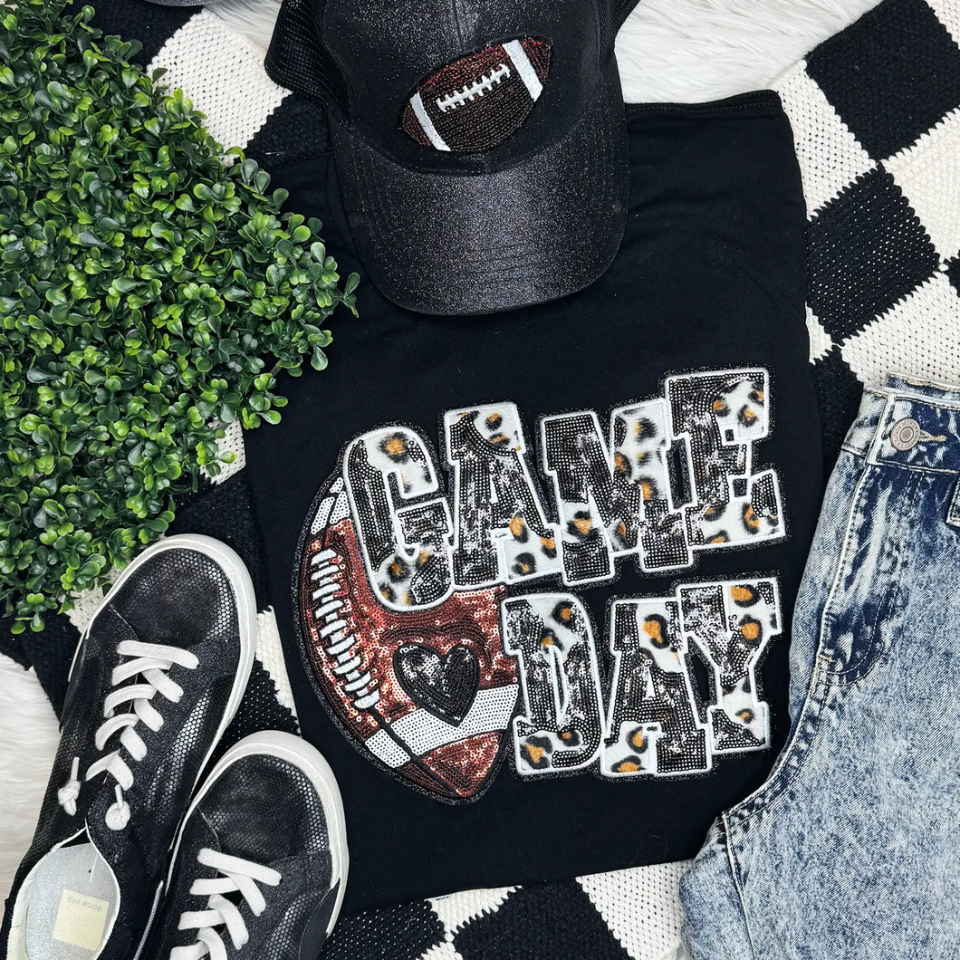 Black Football Leopard & Sequin Tee