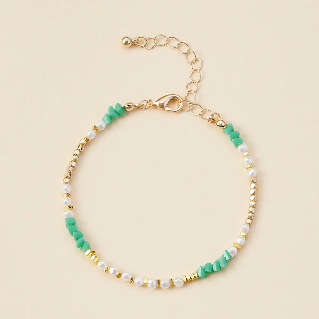 Green Pearl & Glass Beaded Basic Anklet