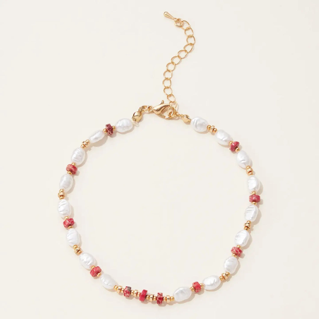 Red-Pearl and Pipe Natural Stone Beaded Anklet