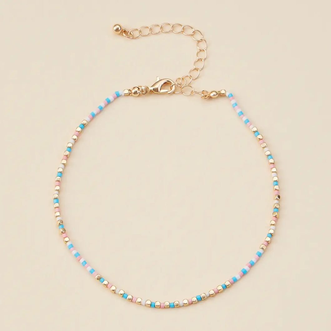 Multi color blue and pink white Seed Beaded Basic Anklet
