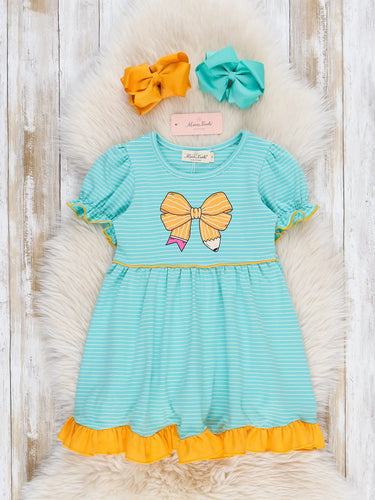 Striped Pencil Bow Ruffle Hem Dress
