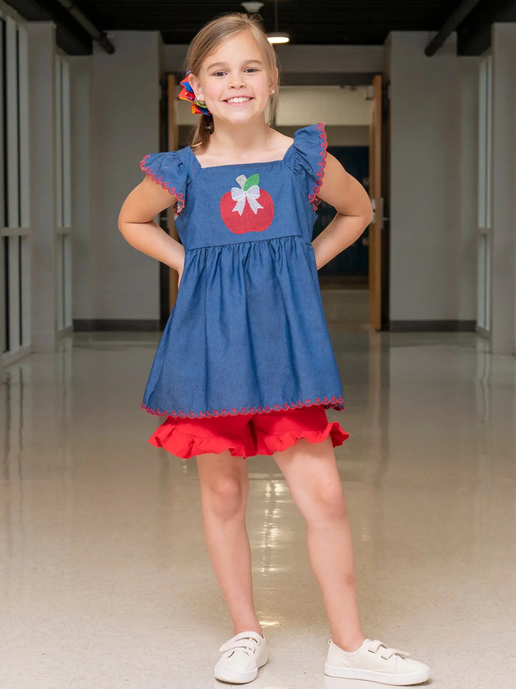 Sweet Apple Chambray Ruffle Outfit
