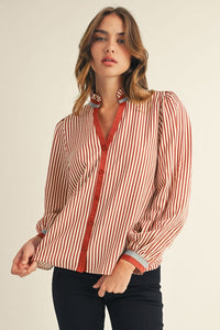 Brick color Ruffled Neck Button Down Stripe Top