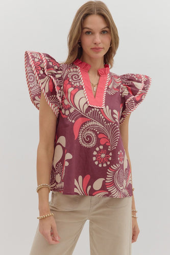 Plum Paisley print tiered flutter sleeve top featuring contrast ruffle accent V-neck. Unlined. Woven. Non-sheer. Lightweight.