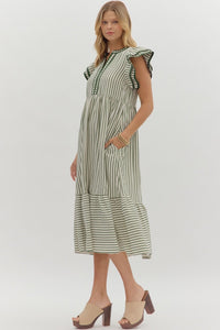 Green Textured stripe pattern tiered ruffle flutter sleeve featuring contrast accent binding detail. Side pockets. Lined. Woven. Non-sheer. Lightweight. Maxi dress
