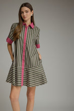 Green pink Stripe short sleeve dress with contrast trim detail and hidden buttons at front. Side pockets. Ruffle hem. Lined. Woven. Non-sheer. Lightweight.