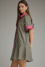 Green pink Stripe short sleeve dress with contrast trim detail and hidden buttons at front. Side pockets. Ruffle hem. Lined. Woven. Non-sheer. Lightweight.