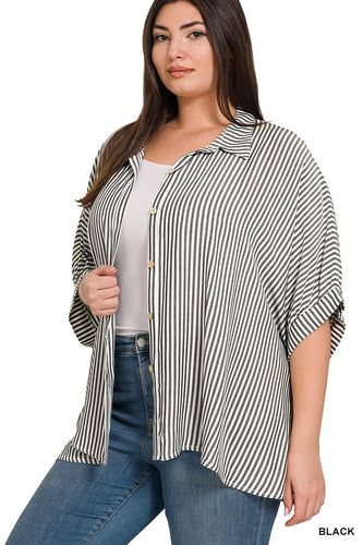 RAYON STRIPED SHORT SLEEVE BUTTON UP SHIRT Oversized top