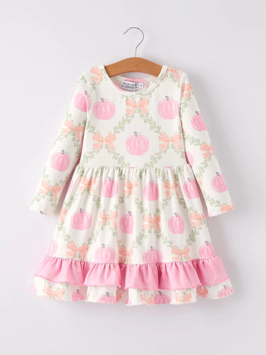 Halloween Pumpkin Pink Ruffle Girls Dress