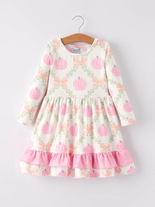 Halloween Pumpkin Pink Ruffle Girls Dress
