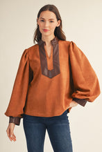 Camel Leather Contrast Faux Suede Blouse
