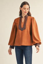 Camel Leather Contrast Faux Suede Blouse