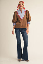 Brown Embroidery Accent Color Blocked Blouse
