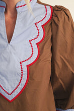 Brown Embroidery Accent Color Blocked Blouse