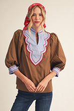 Brown Embroidery Accent Color Blocked Blouse