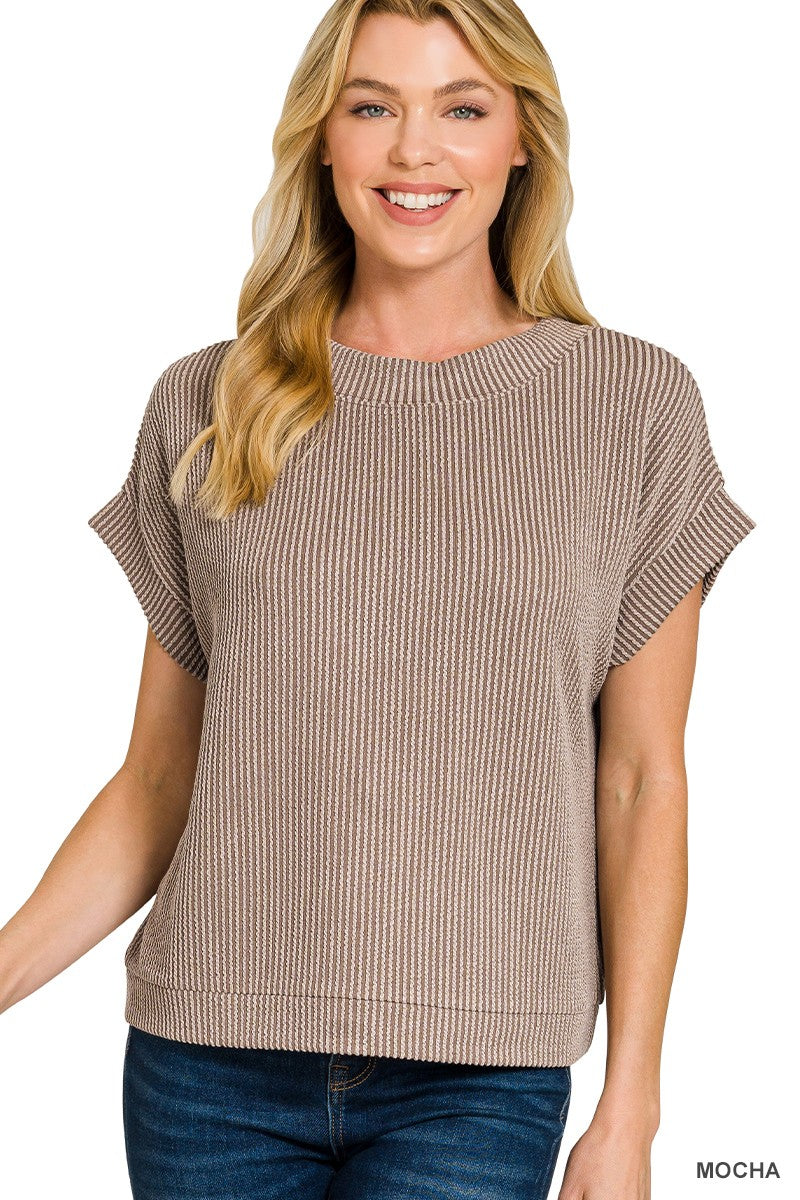 Mocha Raised Rib Cap Sleeve Top