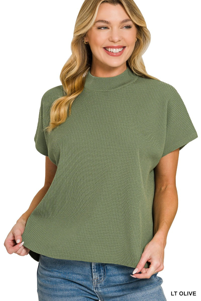 Light olive Viscose Mock Neck Short Sleeve Boxy Sweater