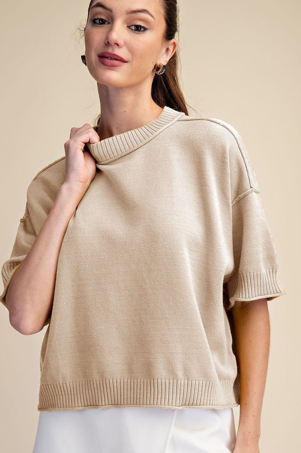Relaxed Sweater Crew-neck Elbow-length Sleeves-comes in 2- colors