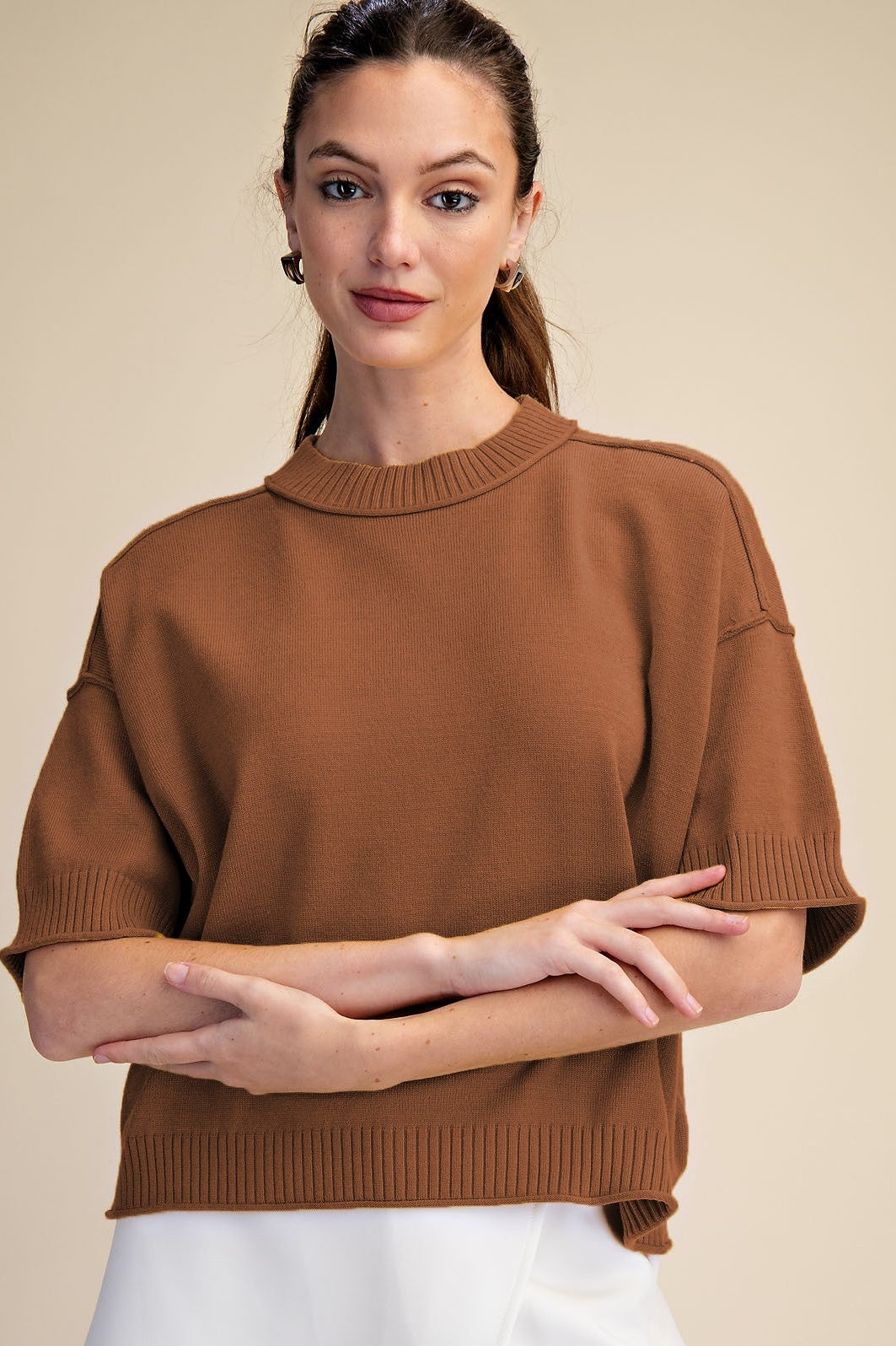 Relaxed Sweater Crew-neck Elbow-length Sleeves-comes in 2- colors