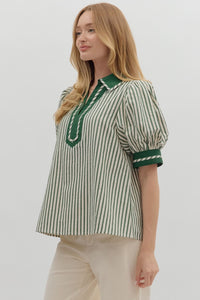 Green Stripe pattern contrast cuff band puff sleeve featuring contrast split collar pullover top. Unlined. Woven. Non-sheer. Lightweight.