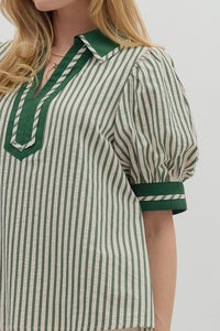 Green Stripe pattern contrast cuff band puff sleeve featuring contrast split collar pullover top. Unlined. Woven. Non-sheer. Lightweight.