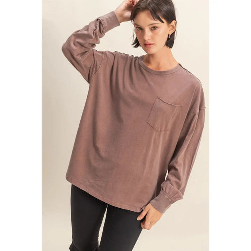 Brown Oversized Washed Long Sleeve Pocket Tee
