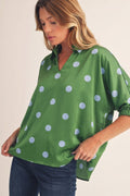 Green satin polka dot top