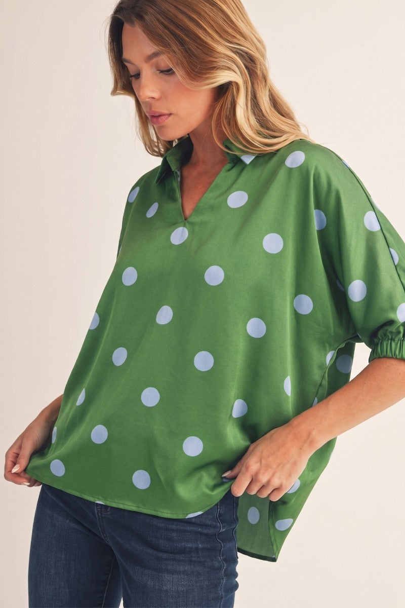 Green satin polka dot top