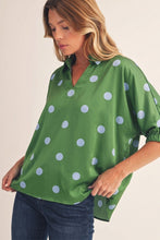 Green satin polka dot top
