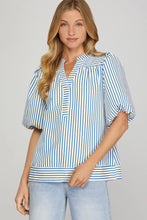 Blue bubble sleeve stripe top