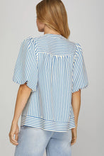 Blue bubble sleeve stripe top