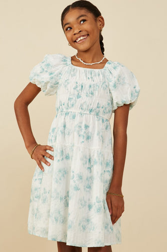 Jade color Girls Textured Floral Puff Sleeve Self Tie Dress