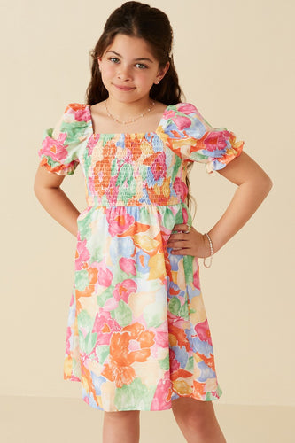 Girls Bold Floral Smocked Square Neck Dress