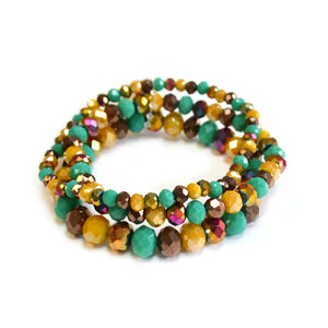 3 Pcs Set Stackable Multi Glass Beaded Stretch Bracelets-brown/mustard